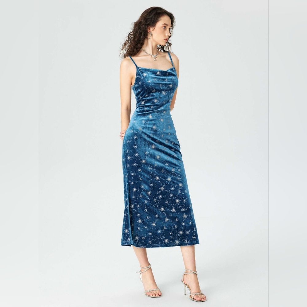 Starry blue velvet midi dress